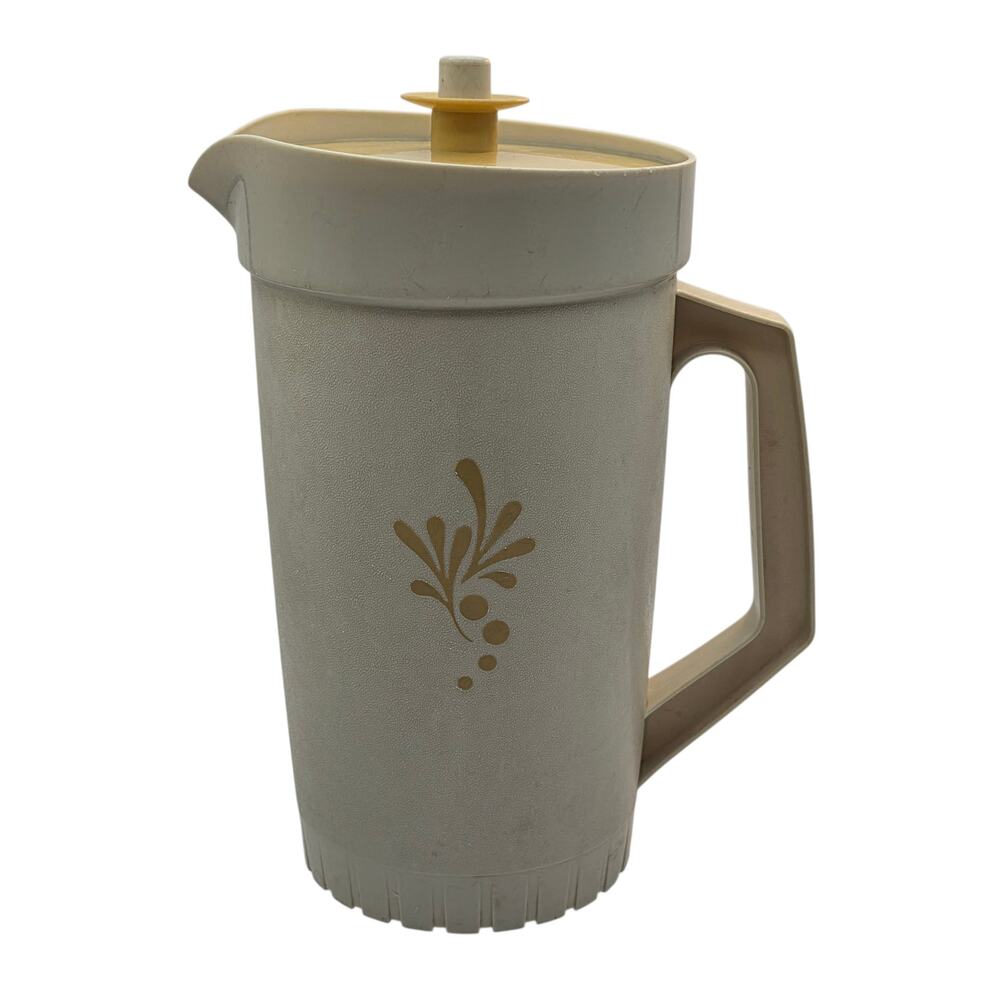 Tupperware 2 Qt Pitcher Almond Harvest Gold Push Button Lid Floral Print Vintage